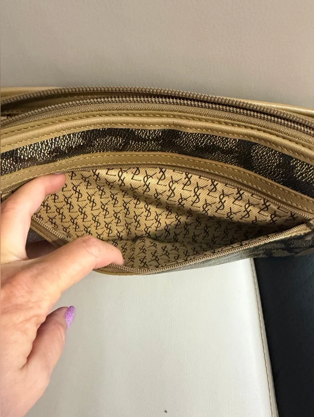 Yves Saint Laurent Black and Tan Patterned Wristlet Clutch